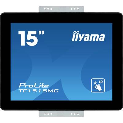 Écran iiyama ProLite TF1515MC de 15", fond d'écran bleu avec un symbole de écran tactile et une indication de technologie tactile à dix points.