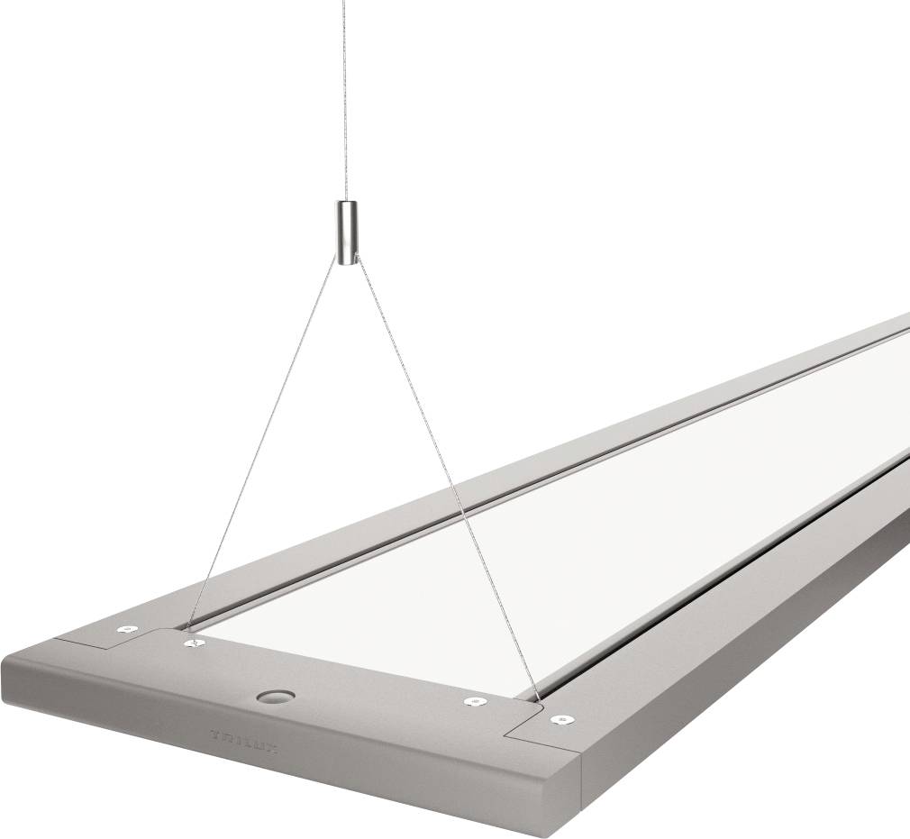 Plafonnier LED moderne rectangulaire, allongé, avec un cadre métallique et une suspension par câble, adapté aux bureaux et espaces de travail.