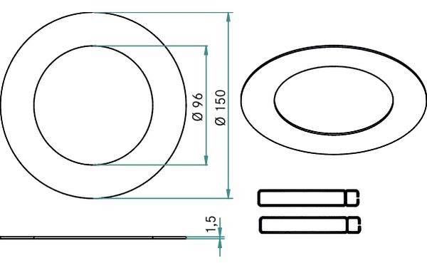 'Dessin technique d'un objet ovale avec un diamètre extérieur de 150 mm, un diamètre intérieur de 96 mm. Deux cylindres sont également représentés.'