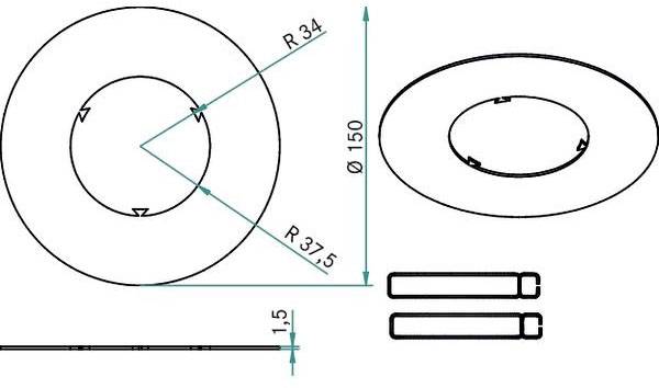 Dessin technique d'une pièce circulaire de diamètre Ø 150, avec deux anneaux concentriques (R 34 et R 37,5) et d'une épaisseur de 1,5 mm.