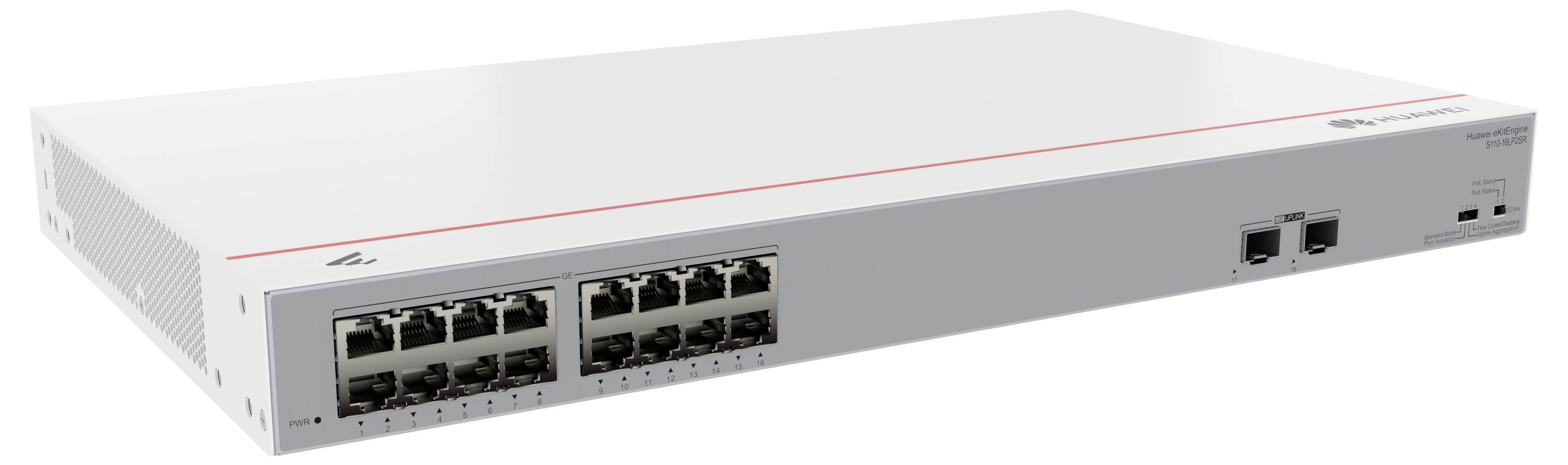 Un commutateur réseau blanc avec 12 ports Ethernet et deux ports SFP sur le panneau avant. Il présente un design compact et rectangulaire.