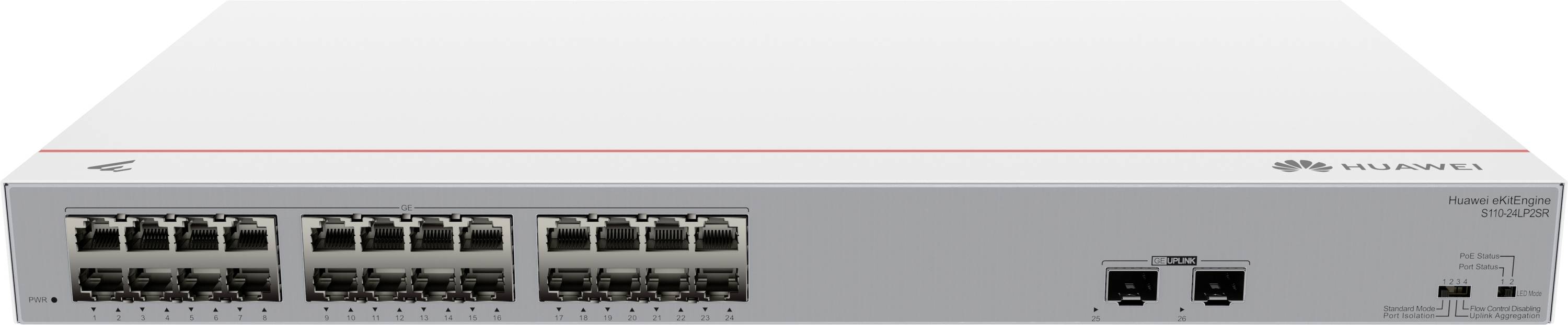 Commutateur réseau avec plusieurs ports Ethernet sur la façade, portant un logo de marque et un numéro de modèle.