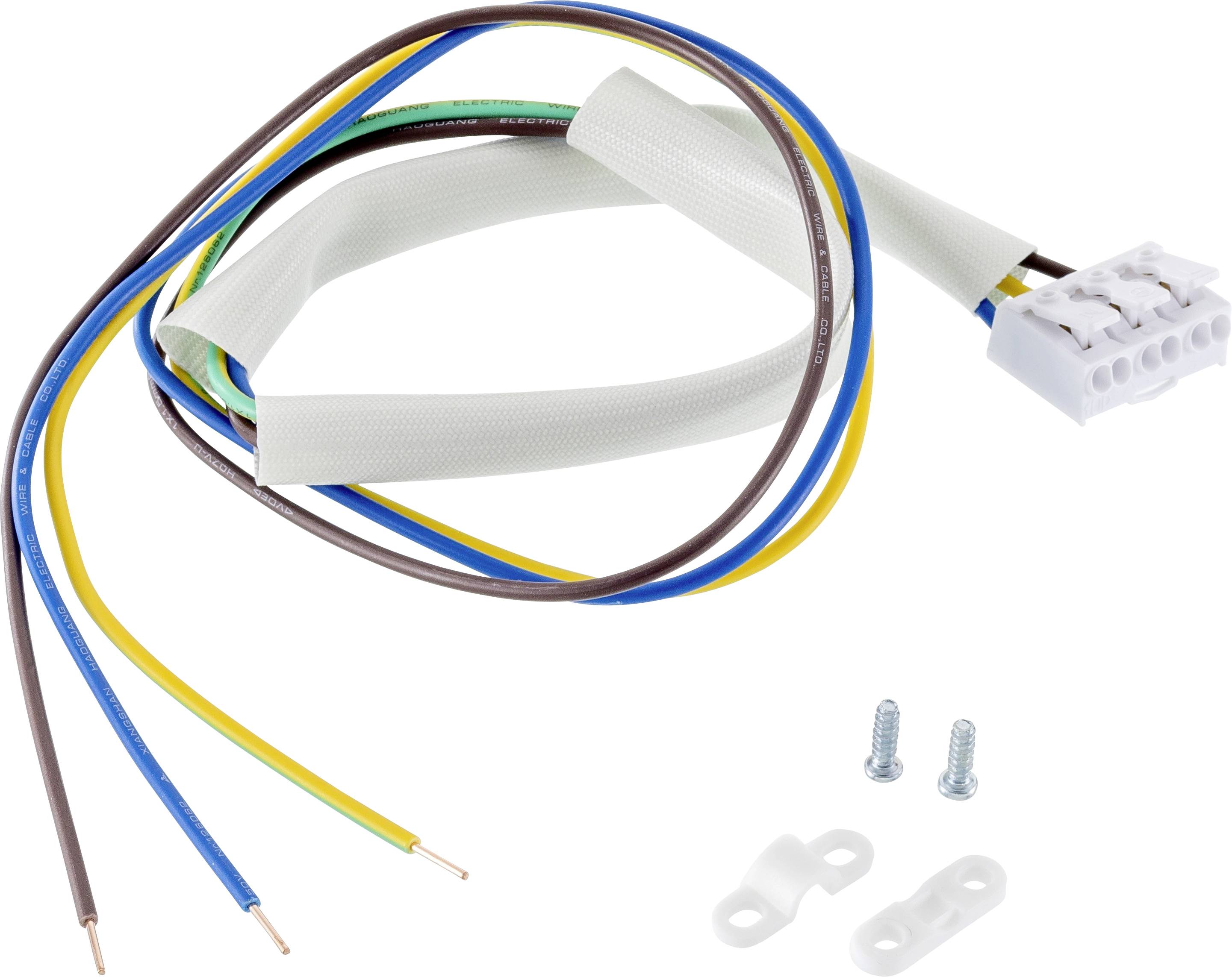 Adaptateur de câble avec plusieurs fils de couleurs différentes et une fiche blanche, accompagné de deux petites vis et supports.
