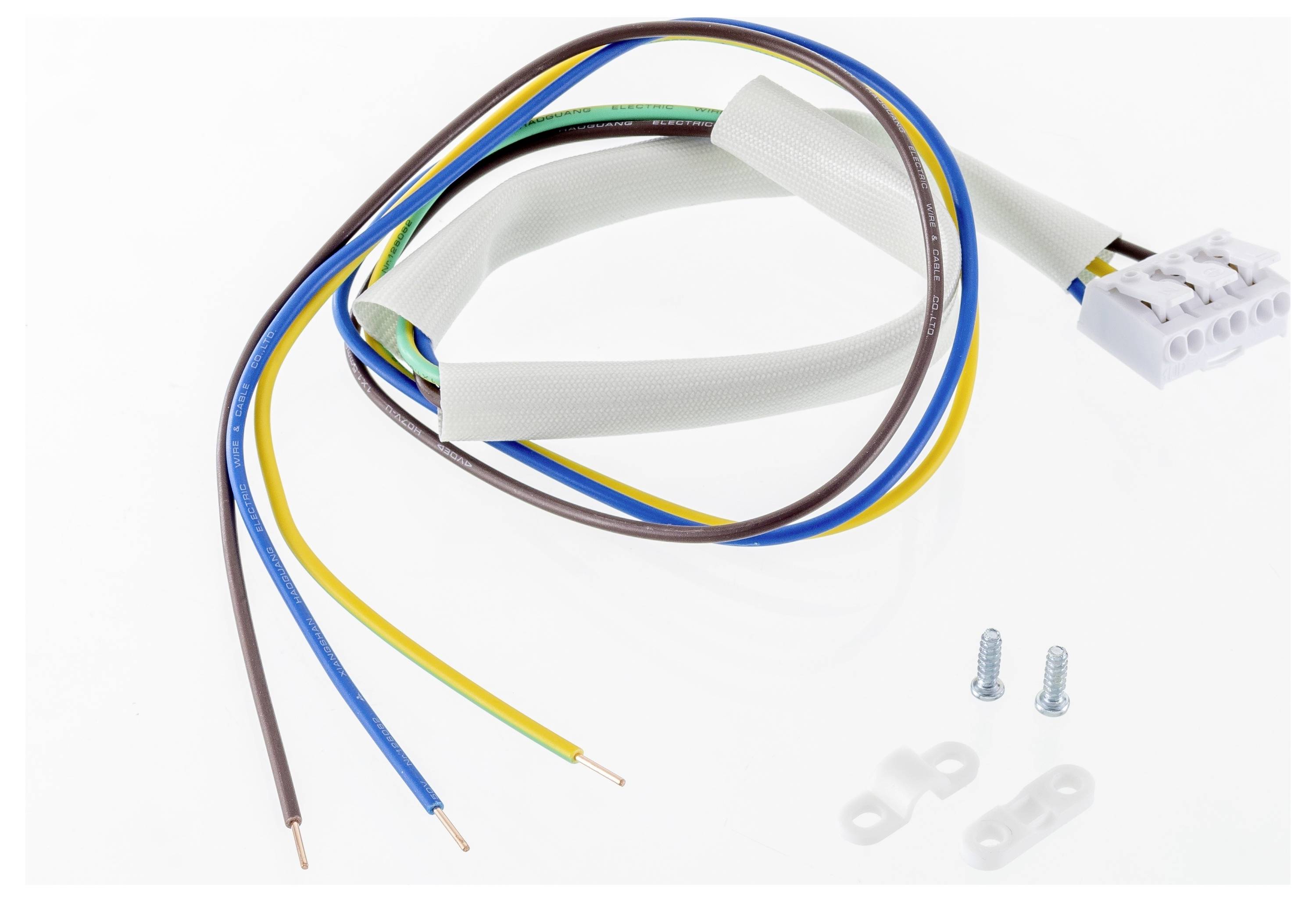 Câble électrique à quatre conducteurs de différentes couleurs, avec une gaine blanche, une fiche de connexion et deux vis.