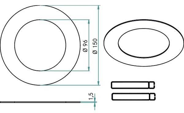 Dessin technique d'un objet circulaire avec un diamètre extérieur de 150 mm et un diamètre intérieur de 96 mm. Vue de dessus et vue latérale avec cotes.