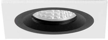 Une lampe de plafond encastrée avec un luminaire rond dans un cadre noir. Elle présente un design moderne.