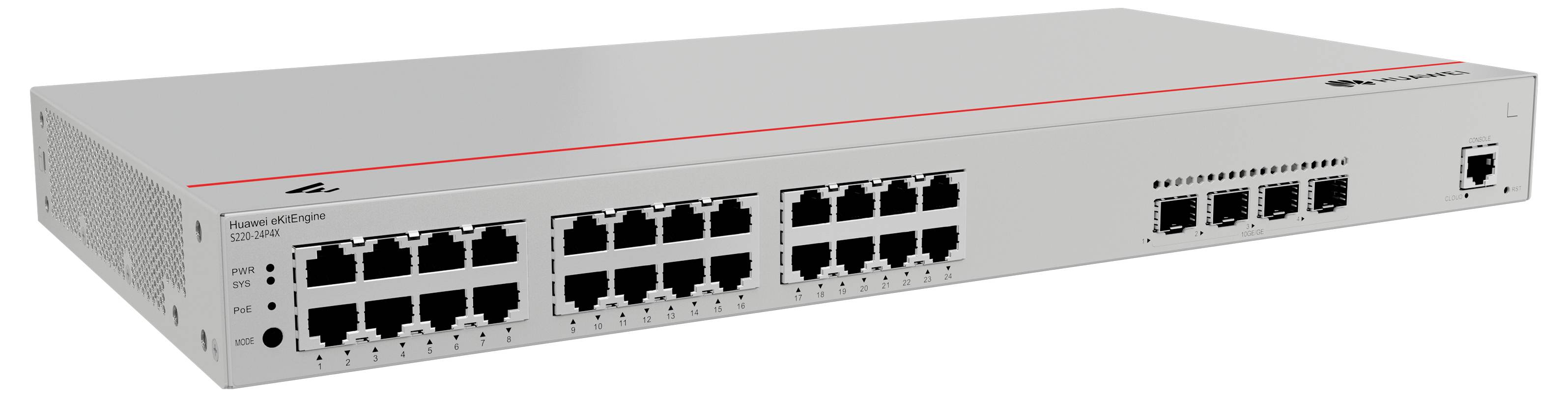 Un commutateur réseau gris avec plusieurs ports Ethernet et deux grilles de ventilation sur les côtés. Principalement adapté aux infrastructures informatiques.