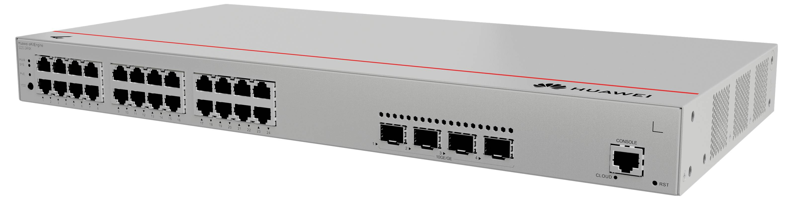 Un switch réseau gris avec plusieurs ports Ethernet et connexions à fibre optique sur le devant, adapté à l'infrastructure informatique.