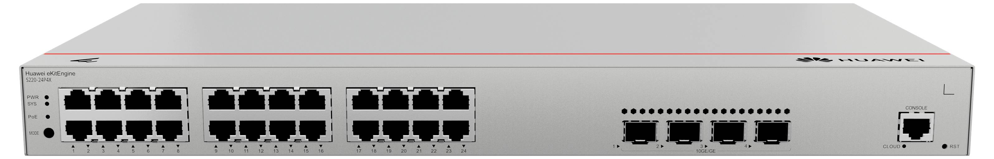 Un commutateur réseau avec 24 ports Ethernet et des connexions de fibre optique supplémentaires présente la face avant d'un boîtier gris.