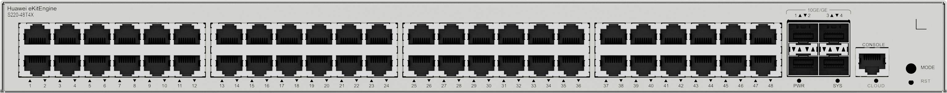 Panneau de brassage de 48 ports, numérotés de 1 à 48, sur une surface métallique grise. Connecteurs Ethernet pour câblage réseau.