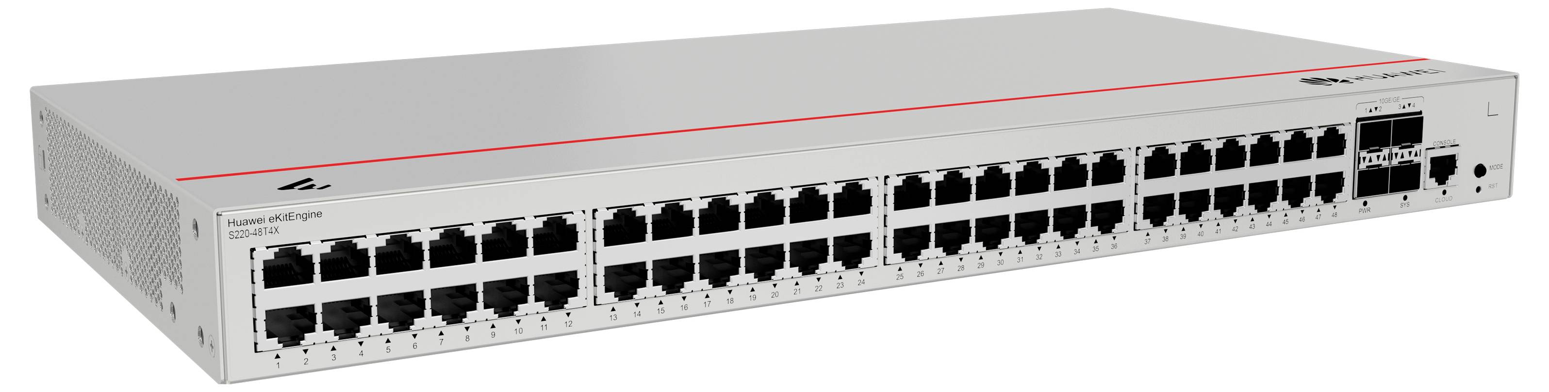 Commutateur réseau avec 48 ports Ethernet ; boîtier blanc. Numéro de modèle : GS4152. Adapté aux réseaux d'entreprise pour la distribution de données.