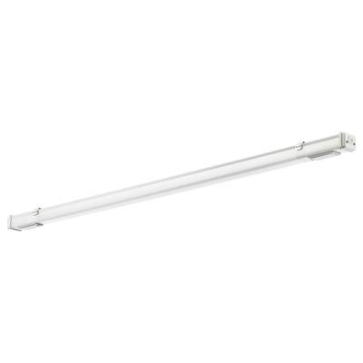 Un luminaire LED long à lumière blanche avec des diffuseurs transparents aux deux extrémités, adapté pour une installation au plafond en intérieur.