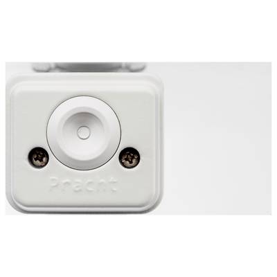 Boîte rectangulaire blanche avec un bouton au centre, et en dessous l'inscription 'Pracht'.