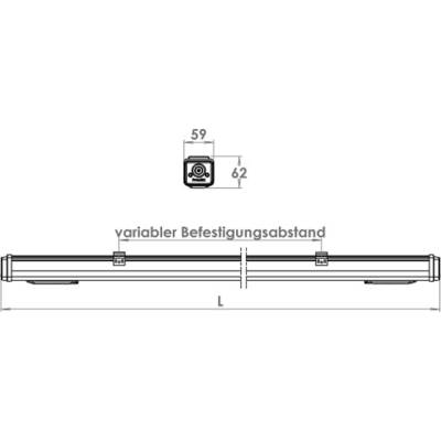 Dessin technique d'un luminaire avec des distances de fixation variables. Dimensions indiquées ci-dessus : largeur 59, hauteur 62, longueur L.