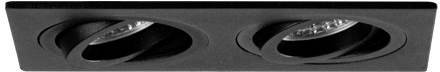 Plafonnier noir rectangulaire équipé de deux projecteurs circulaires orientables. Idéal pour un éclairage directionnel dans des espaces intérieurs contemporains.
