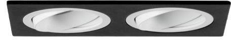 Deux luminaires encastrés ronds argentés, insérés dans un cadre rectangulaire noir. Les lampes sont disposées uniformément côte à côte.
