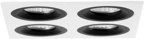 Quatre luminaires encastrés ronds et noirs, disposés de manière uniforme dans un boîtier rectangulaire blanc.