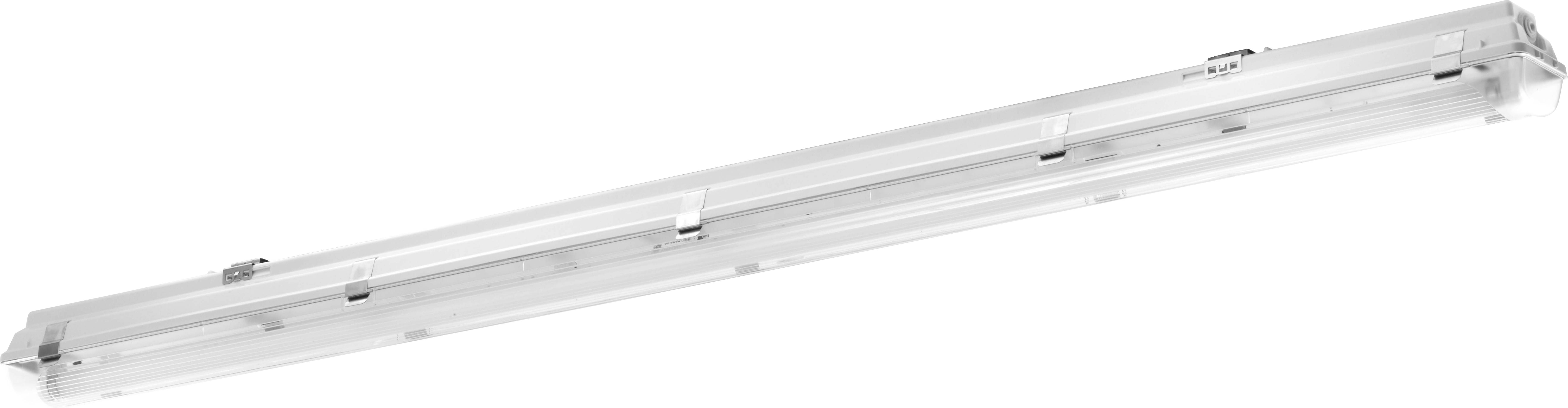 Une longue lampe LED blanche au profil rectangulaire, adaptée à une installation au plafond.