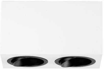 Spot de plafond à deux lampes au design rectangulaire avec des spots ronds noirs. Style minimaliste.