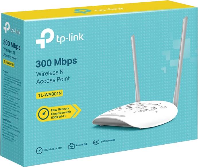 Un emballage d'un point d'accès sans fil TP-Link N, modèle TL-WA801N, avec une vitesse de 300 Mbps.
