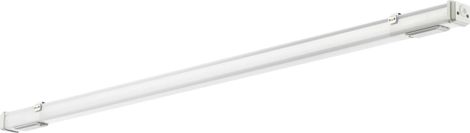Une longue lampe LED blanche adaptée à une installation au plafond. Elle présente un design élégant et fin, parfaite pour l'éclairage de grands espaces.