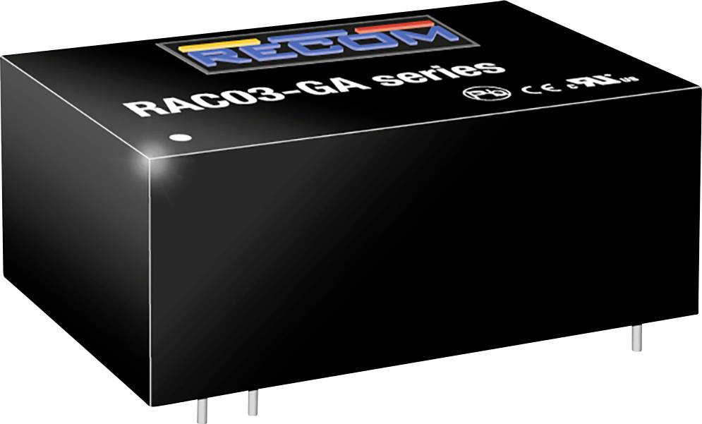 Boîtier noir de la série RECOM RACO3-GA avec logos et marques de certification, adapté aux applications industrielles.
