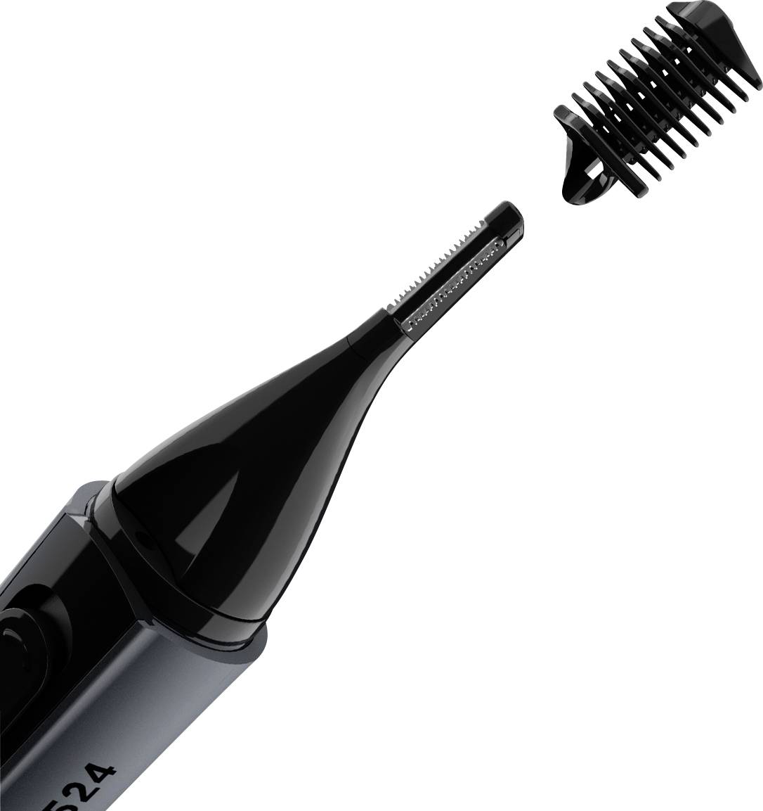 Un tondeuse noir pour le nez et les oreilles avec embout de peigne amovible à proximité, montrant des possibilités de coupe précises.
