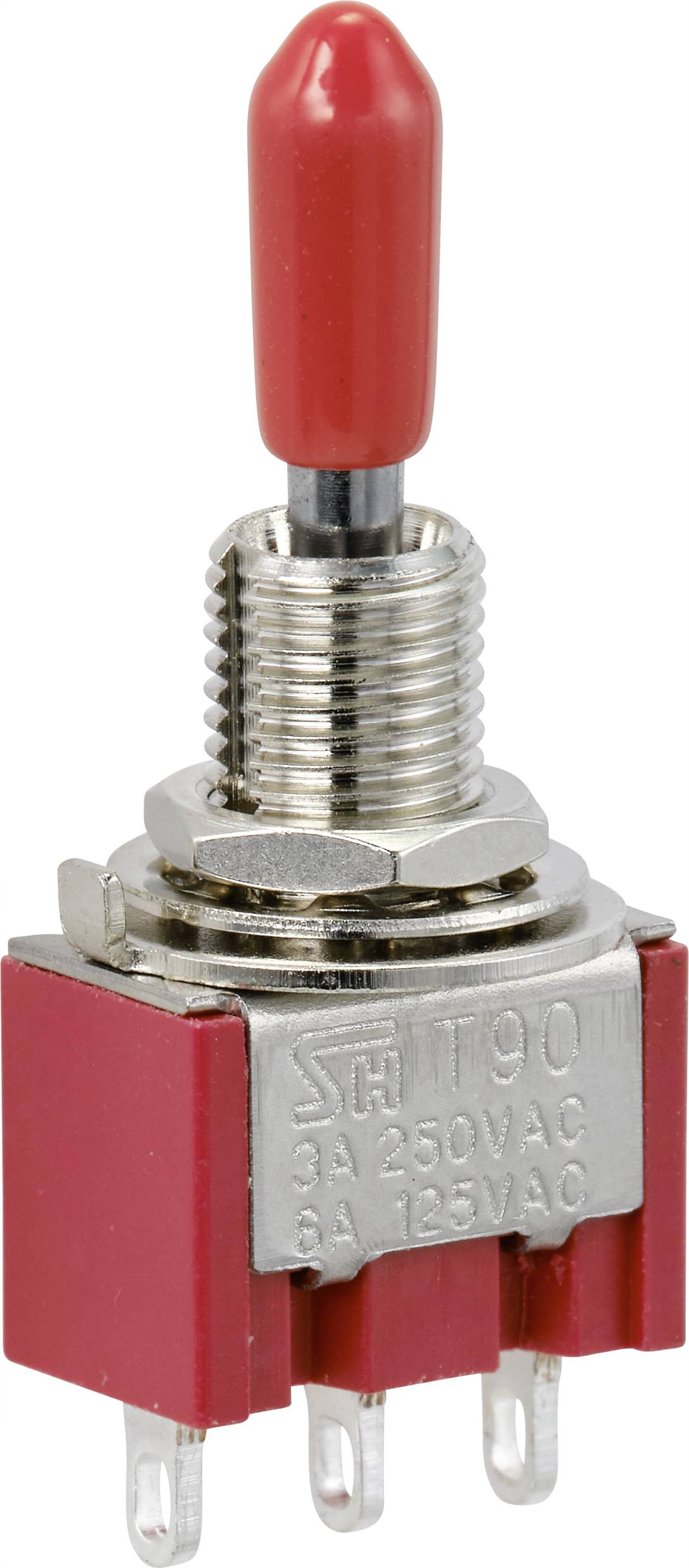 Un interrupteur à bascule rouge avec filetage métallique et connexions électriques. Marquage indiquant les caractéristiques électriques '3A 250VAC, 6A 125VAC'.