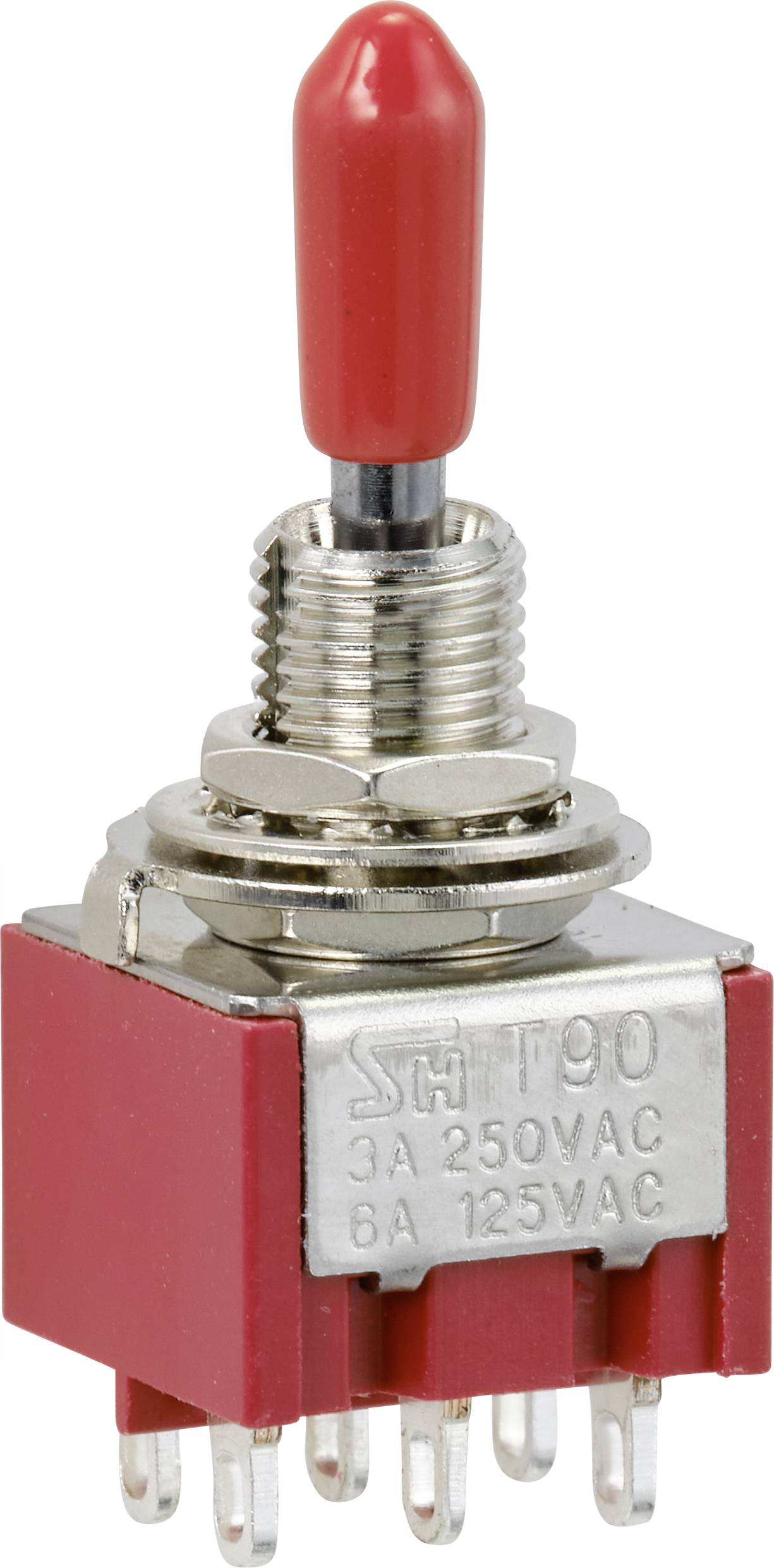 Un interrupteur à bascule rouge avec filetage métallique et plusieurs broches de connexion. Adapté pour 3A 250VAC ou 6A 125VAC.