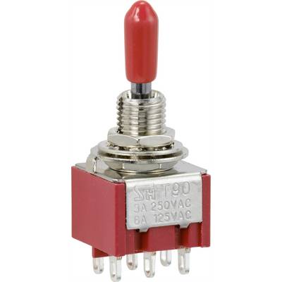 Un interrupteur à bascule rouge avec filetage métallique et plusieurs broches de connexion. Adapté pour 3A 250VAC ou 6A 125VAC.