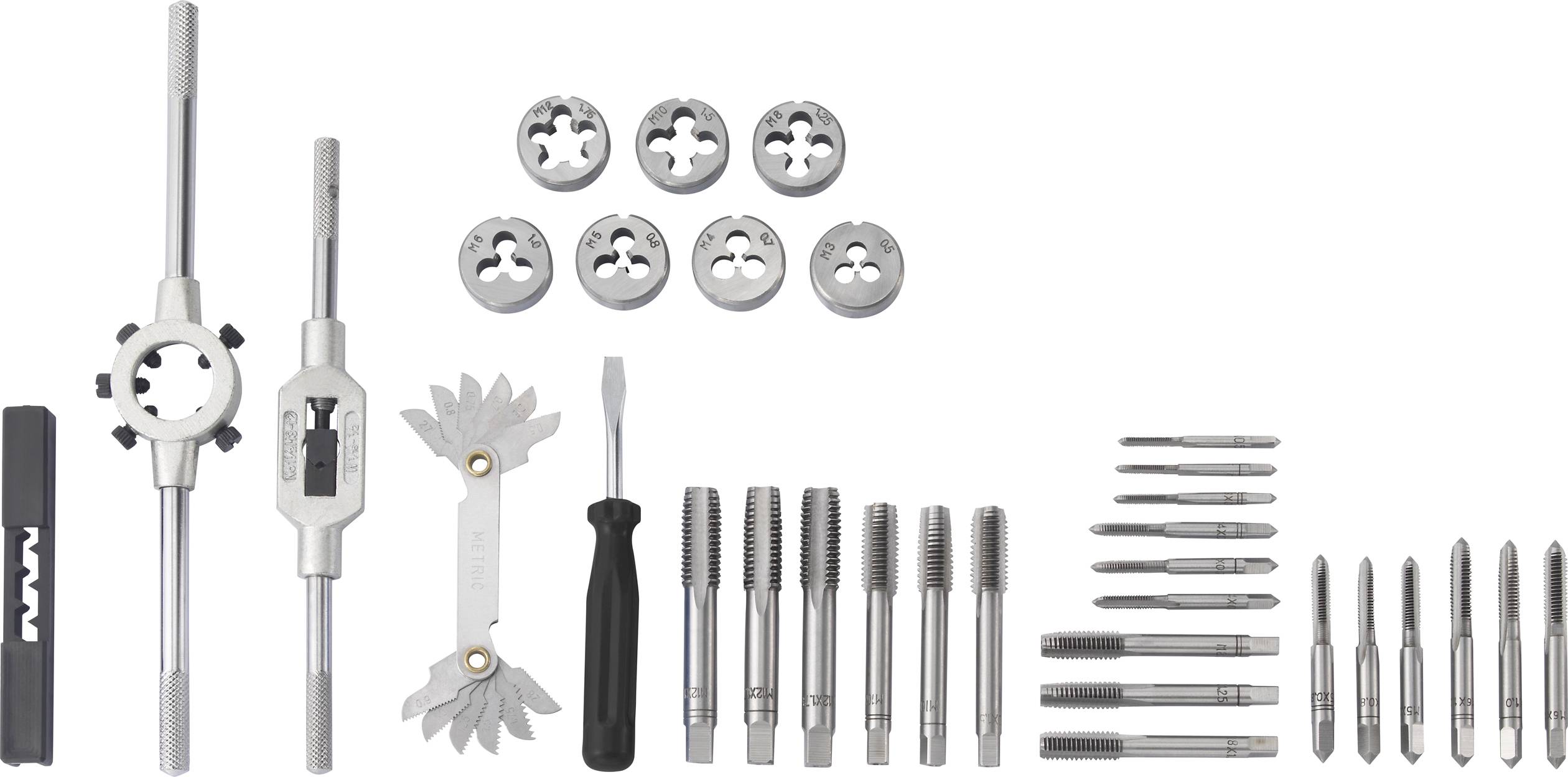 Un ensemble de taraudage comprenant plusieurs tarauds, filières, un tournevis et d'autres outils sur un fond blanc.