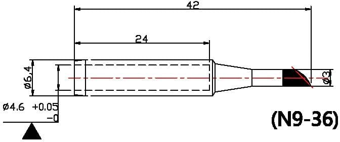 Dessin technique d'un composant cylindrique avec les dimensions suivantes : longueur totale 42, longueur 24, diamètre 6,4, pointe 3.