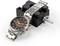Montre-bracelet en métal avec un cadran brun posée sur un outil de réglage du bracelet.