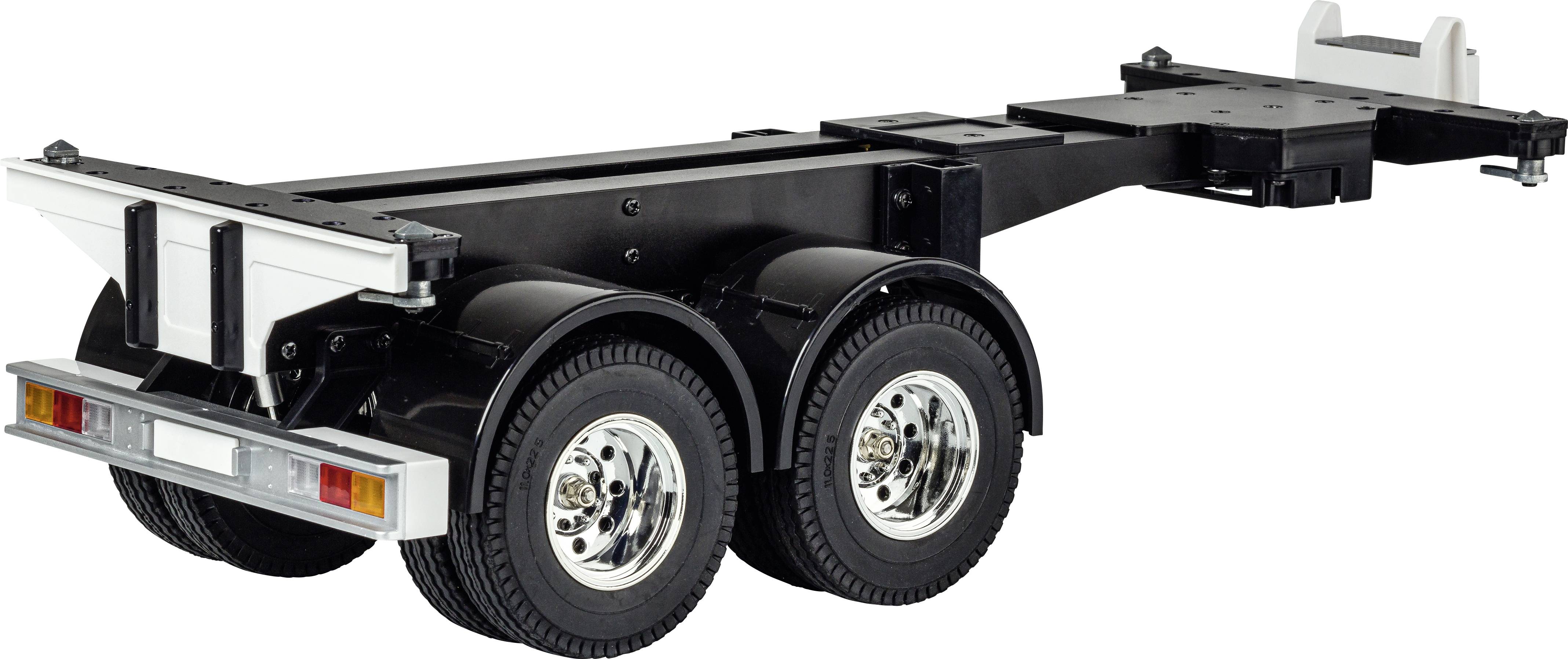 Châssis de remorque à deux essieux sans carrosserie, adapté aux camions ou aux machines lourdes. Construction robuste en acier avec roues jumelées.