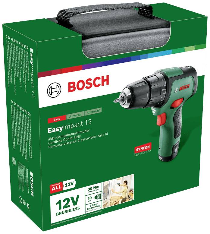Perceuse-visseuse à percussion Bosch 'EasyImpact 12', emballage vert avec image de l'appareil. Caractéristiques techniques : 12V, 30Nm, mandrin de 10mm.