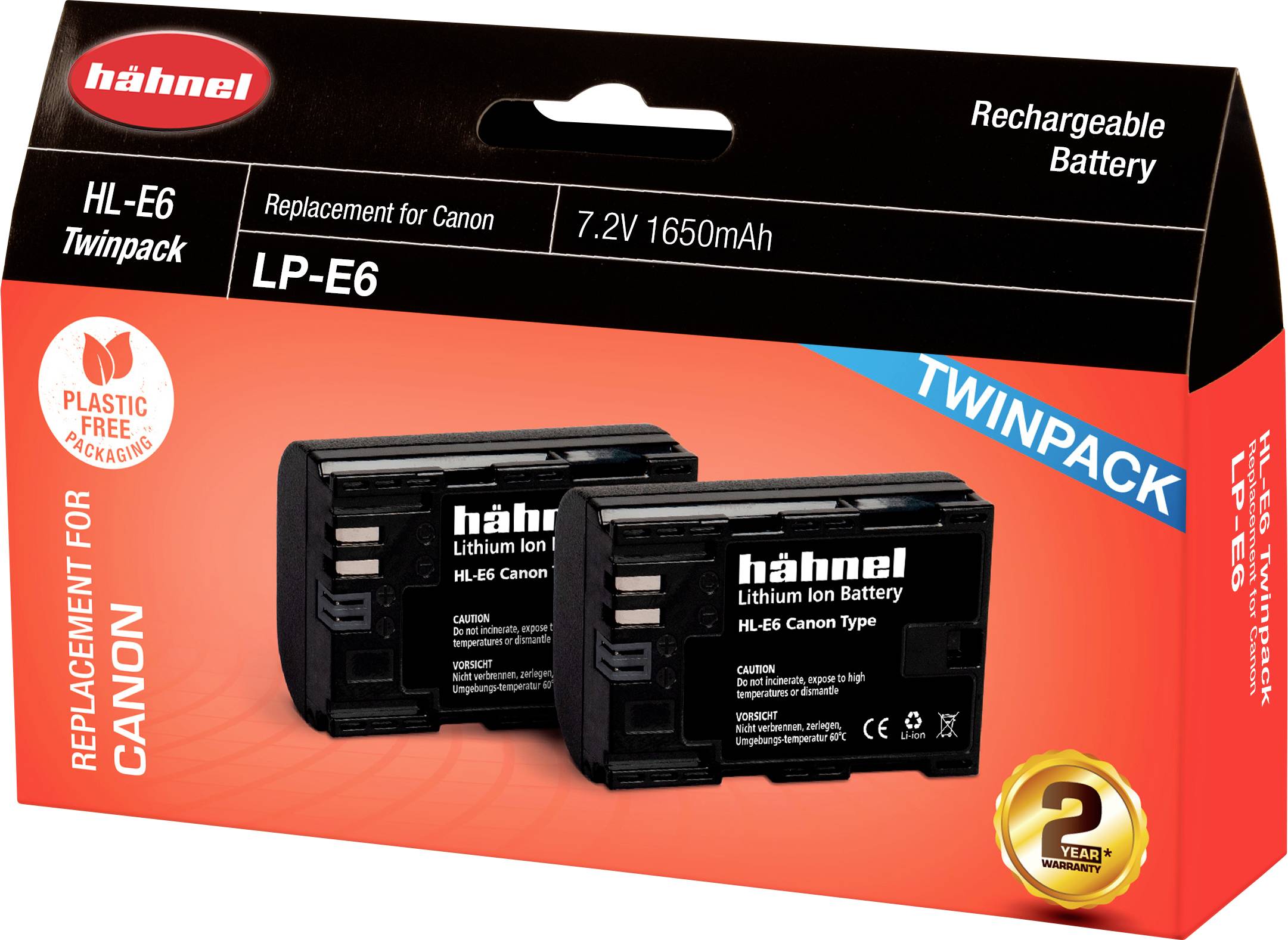 Emballage de deux batteries rechargeables LP-E6 pour appareils photo Canon. Impression sur l'emballage : « Pack double », « Emballage sans plastique », « Garantie de 2 ans ».