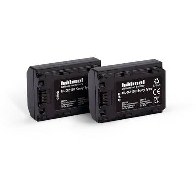 Deux batteries pour appareil photo au lithium-ion de marque Hähnel, modèle HL-XZ100, de forme rectangulaire et de couleur noire, sont alignées côte à côte.