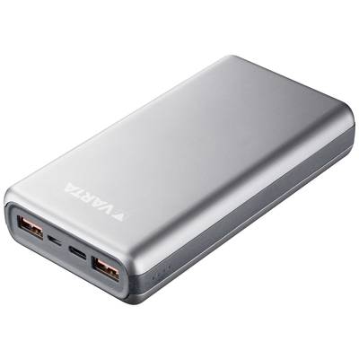 Batterie externe portable, argentée, avec deux ports USB et un port USB-C.