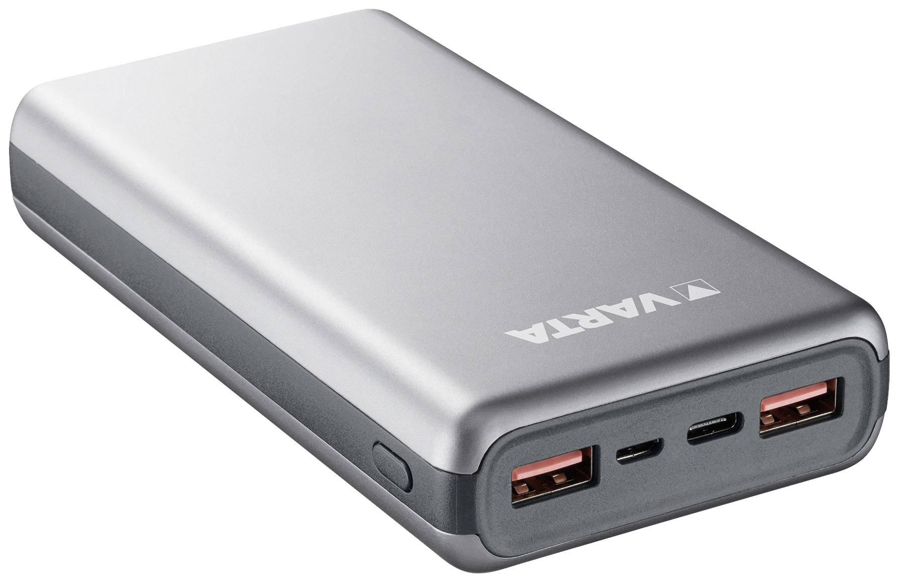 Batterie externe argentée avec deux ports USB, un port USB-C et un petit bouton sur le côté. Le nom de marque 'Varta' est visible.