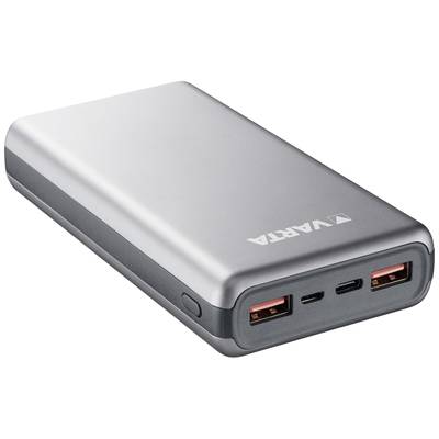 Batterie externe argentée avec deux ports USB, un port USB-C et un petit bouton sur le côté. Le nom de marque 'Varta' est visible.