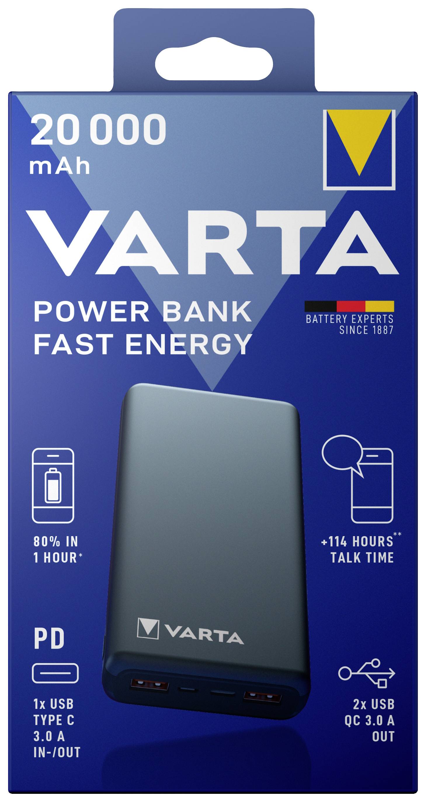 Batterie externe VARTA de 20 000 mAh, avec deux ports USB, charge rapide, 80% en 1 heure, adaptée pour une énergie de longue durée.