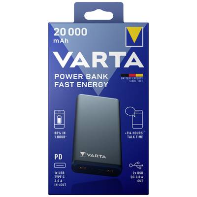 Batterie externe VARTA de 20 000 mAh, avec deux ports USB, charge rapide, 80% en 1 heure, adaptée pour une énergie de longue durée.