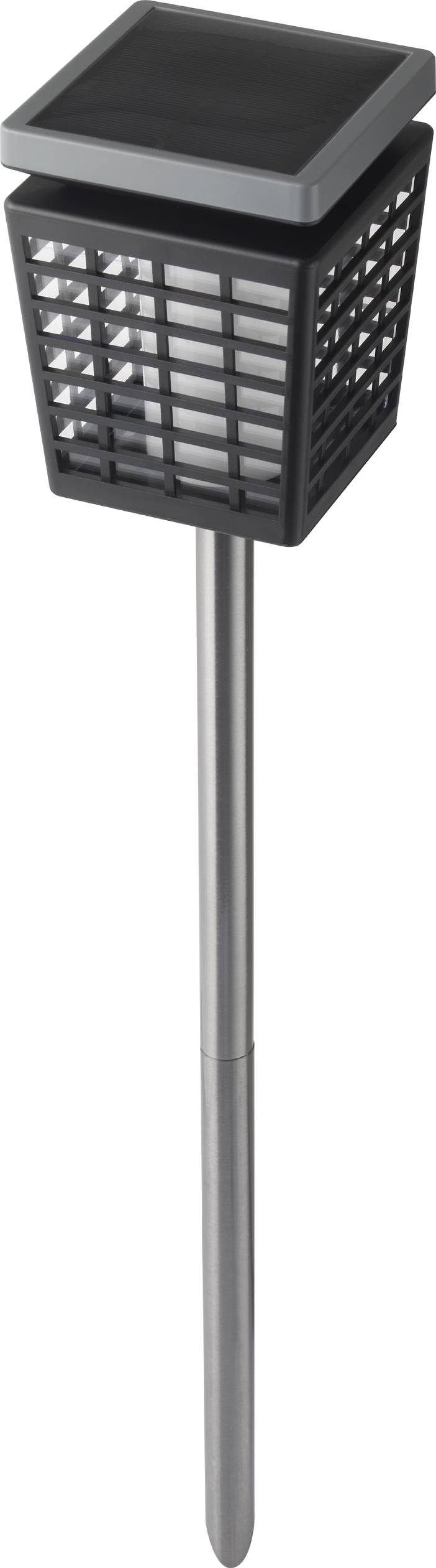 Une lampe de jardin solaire avec un abat-jour carré de style grillage et une tige métallique élancée.
