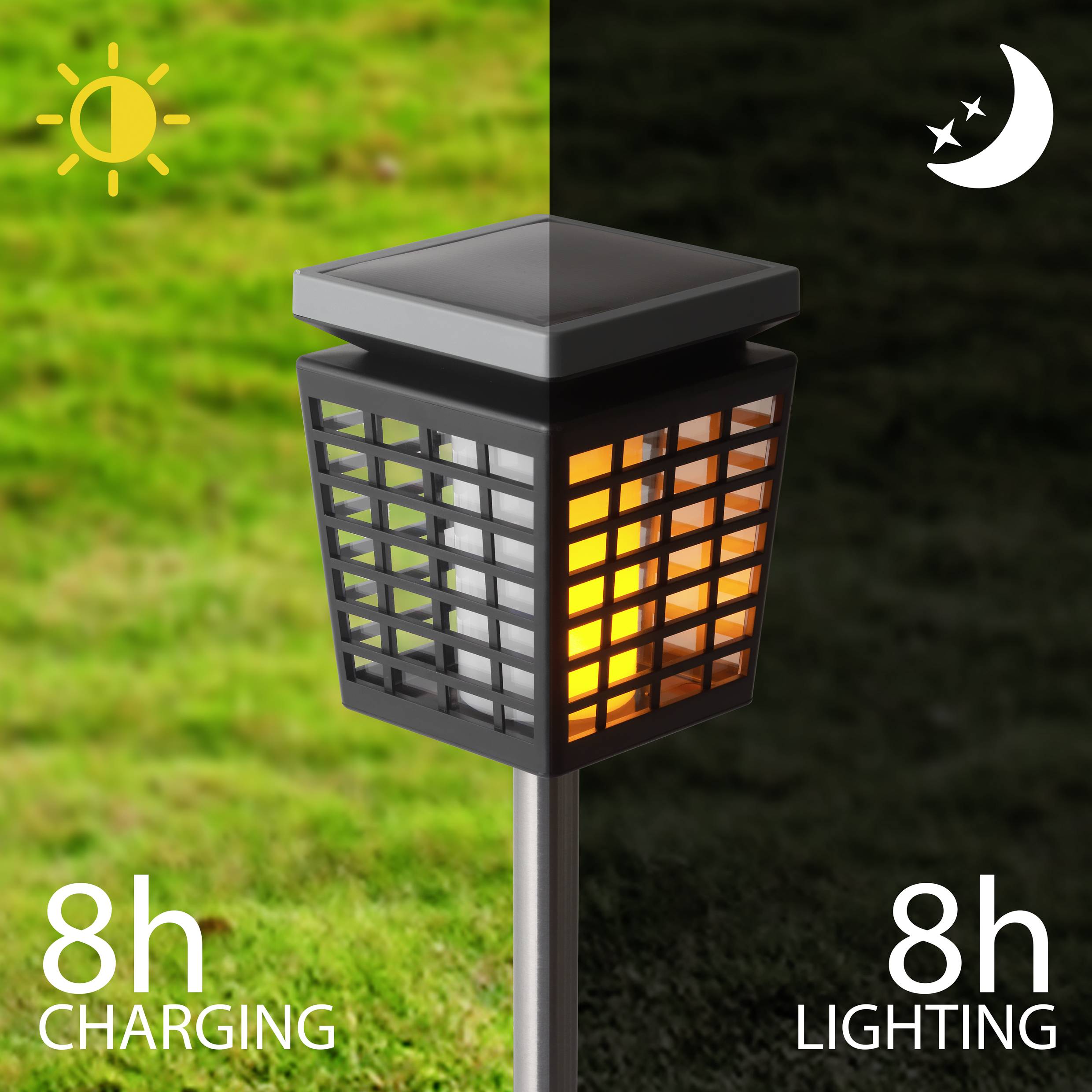 Lampe solaire avec grille, à gauche claire avec symbole de soleil '8h de charge', à droite sombre avec symbole de lune '8h d'éclairage'.