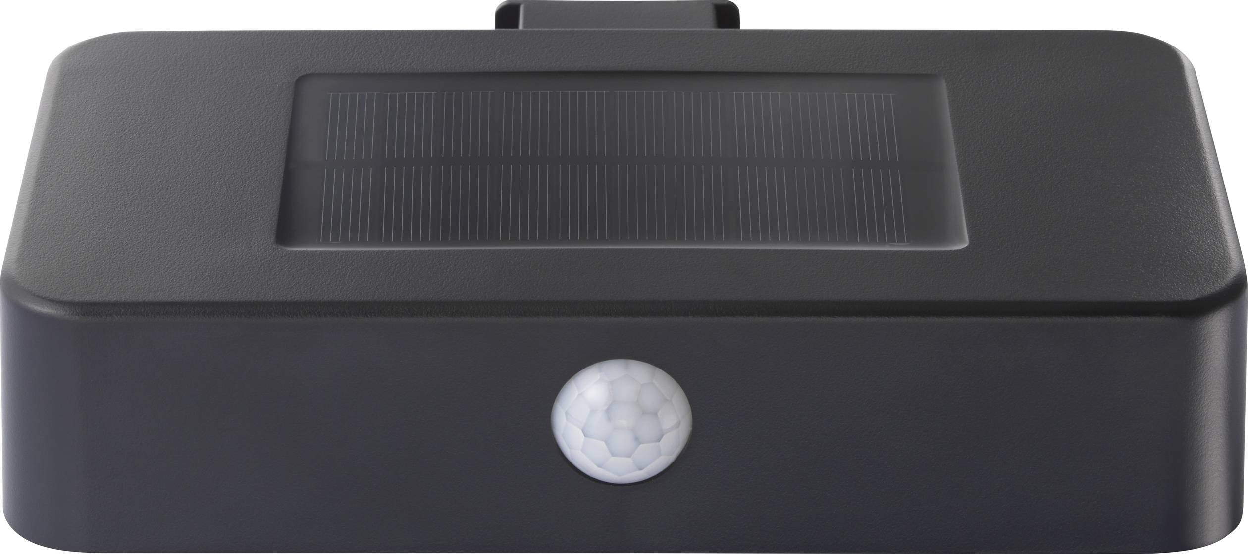 Lampe solaire noire avec capteur sur la face avant, de forme rectangulaire, dotée d'une surface mobile lumineuse en haut pour la production d'énergie.