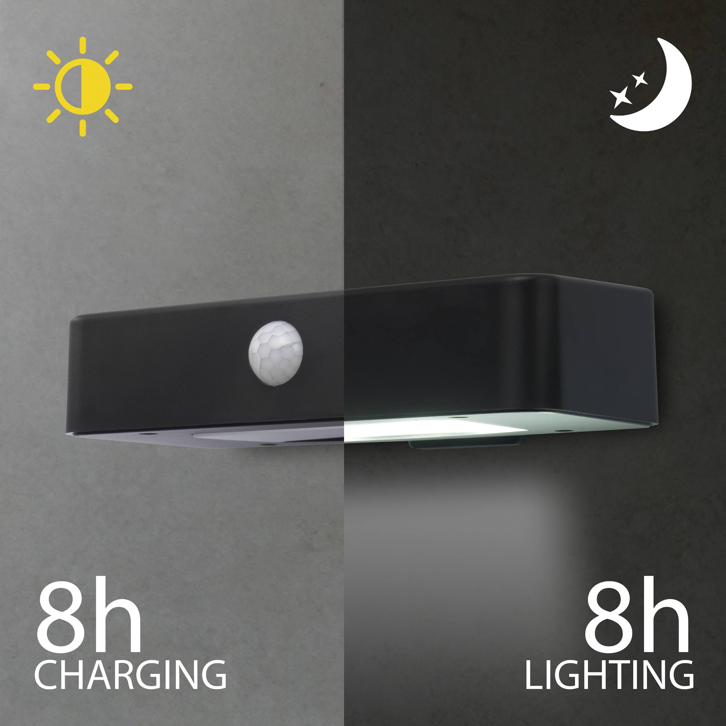 Lampe solaire sur fond gris. À gauche, un soleil avec '8h CHARGE', à droite, une lune avec '8h ÉCLAIRAGE'. Éclairage économe en énergie.