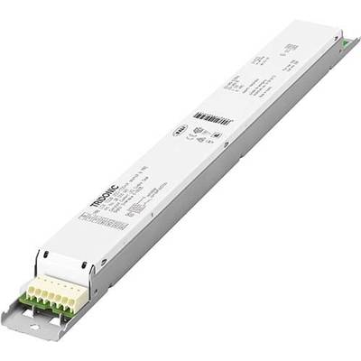 Un driver LED blanc, allongé, portant des spécifications techniques et le logo du fabricant sur sa surface supérieure. Convient pour les systèmes de commande d'éclairage.