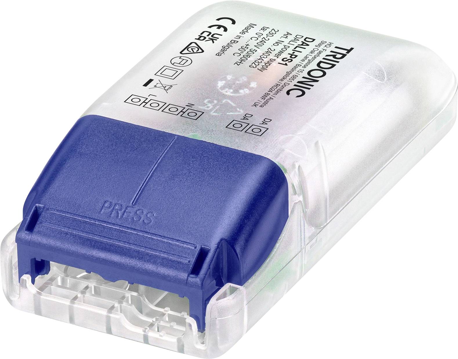 Un ballast électronique de la marque Tridonic avec un couvercle bleu et des symboles de mode d'emploi sur le boîtier transparent.