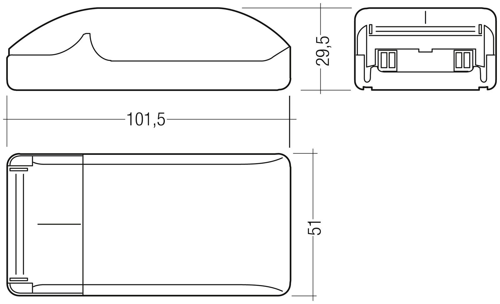 Dessin technique d'un boîtier rectangulaire aux dimensions 101,5 x 51 x 29,5 mm, avec vue latérale et vue de face visibles.