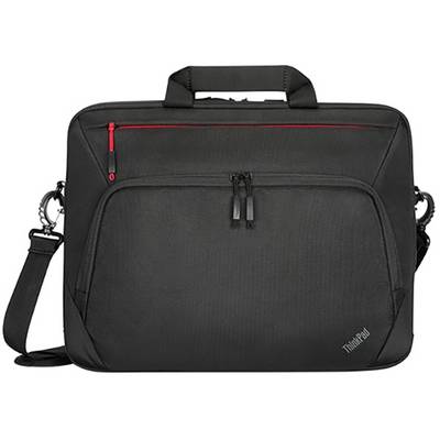 Sacoche noire pour ordinateur portable avec fermetures à glissière et bandoulière amovible, adaptée au transport d'un ordinateur portable ou d'une tablette.